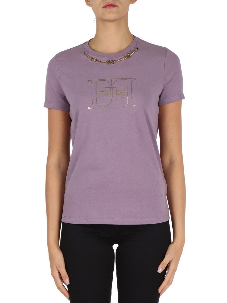 Donna ELISABETTA FRANCHI | T-Shirt In Cotone Con Catena Logo Decorativa Viola