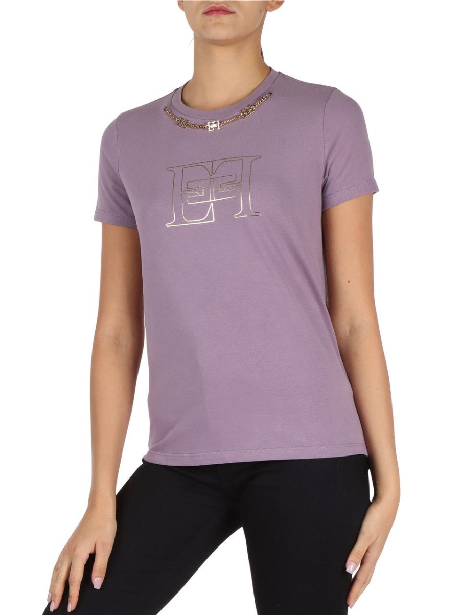 Donna ELISABETTA FRANCHI | T-Shirt In Cotone Con Catena Logo Decorativa Viola