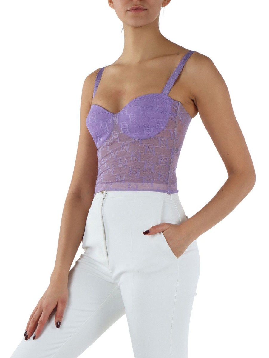 Donna ELISABETTA FRANCHI | Top Bustier In Tulle Con Ricamo Logo All Over Viola Chiaro