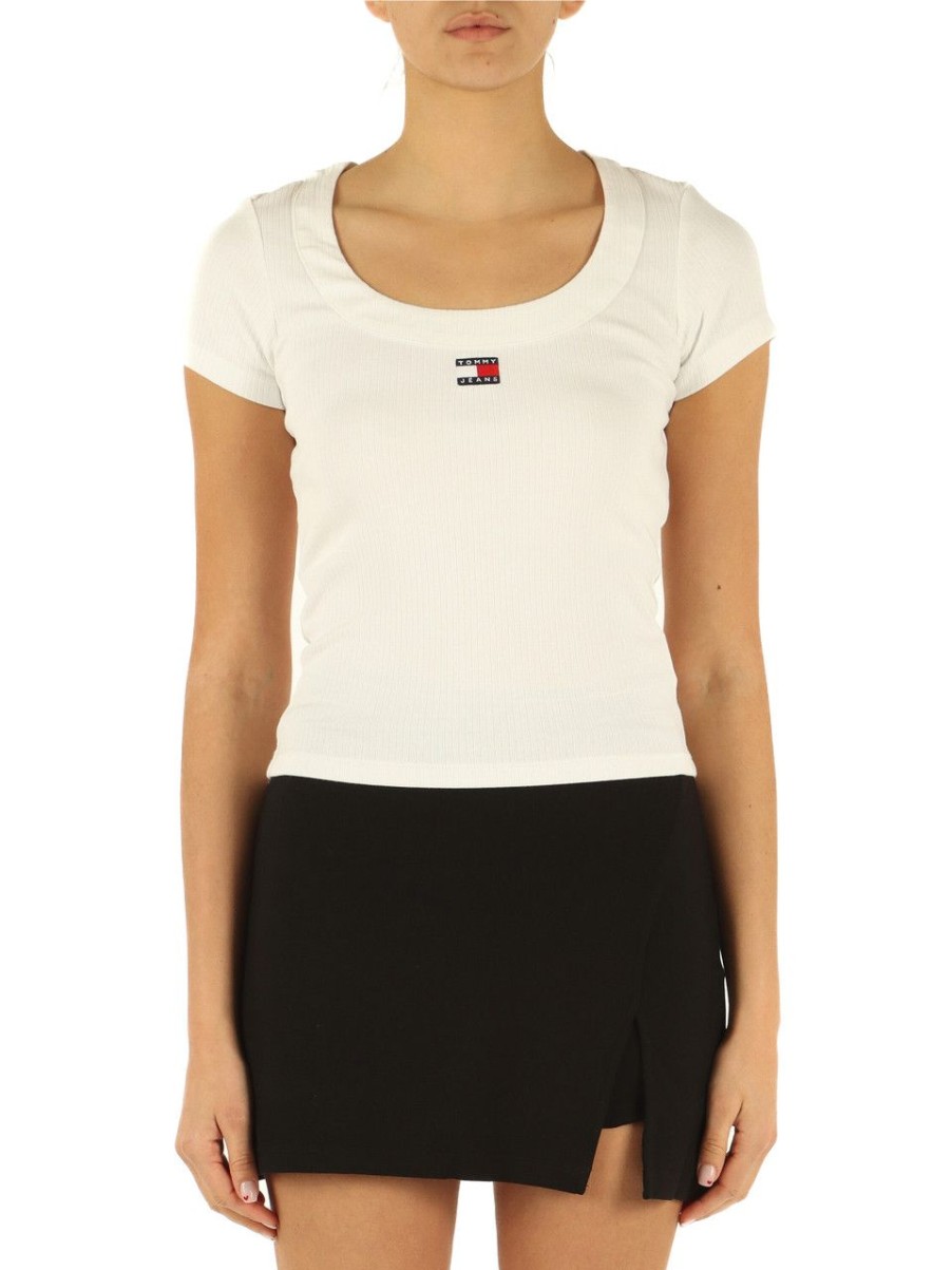 Donna TOMMY JEANS | T-Shirt A Costine In Cotone Stretch Bianco