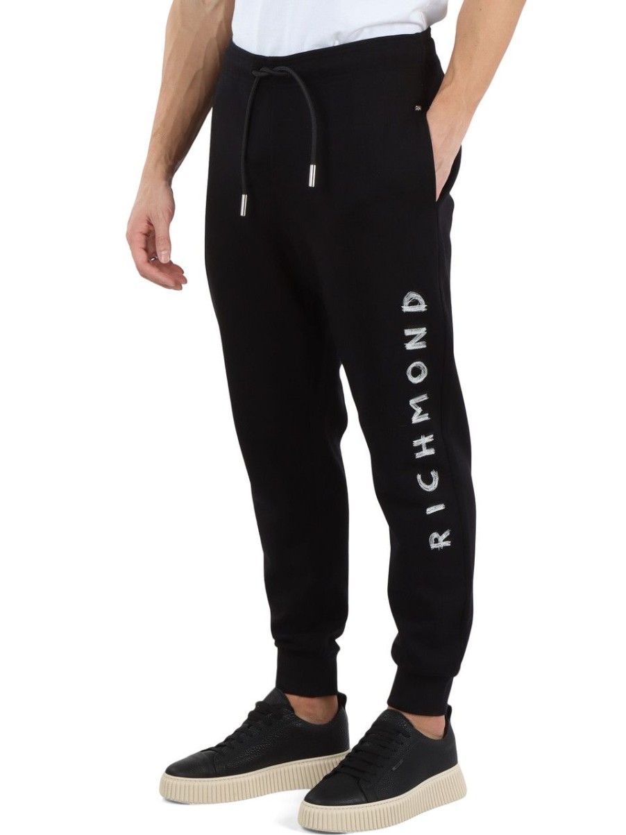 Uomo RICHMOND | Pantalone Sportivo In Cotone Garzato Regular Fit Nero