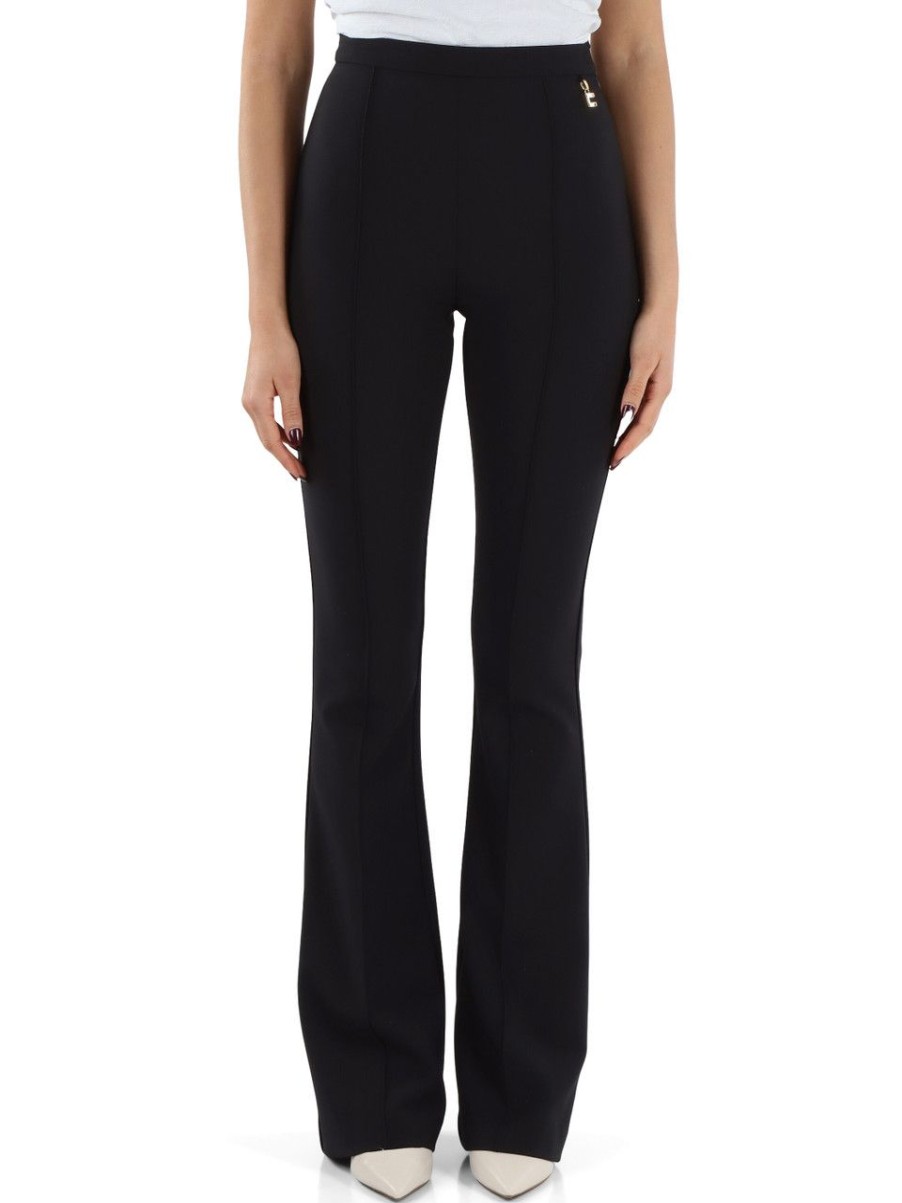 Donna ELISABETTA FRANCHI | Pantalone Svasato In Crepe Stretch Con Placca Logo Nero