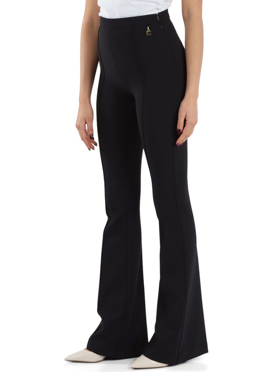 Donna ELISABETTA FRANCHI | Pantalone Svasato In Crepe Stretch Con Placca Logo Nero