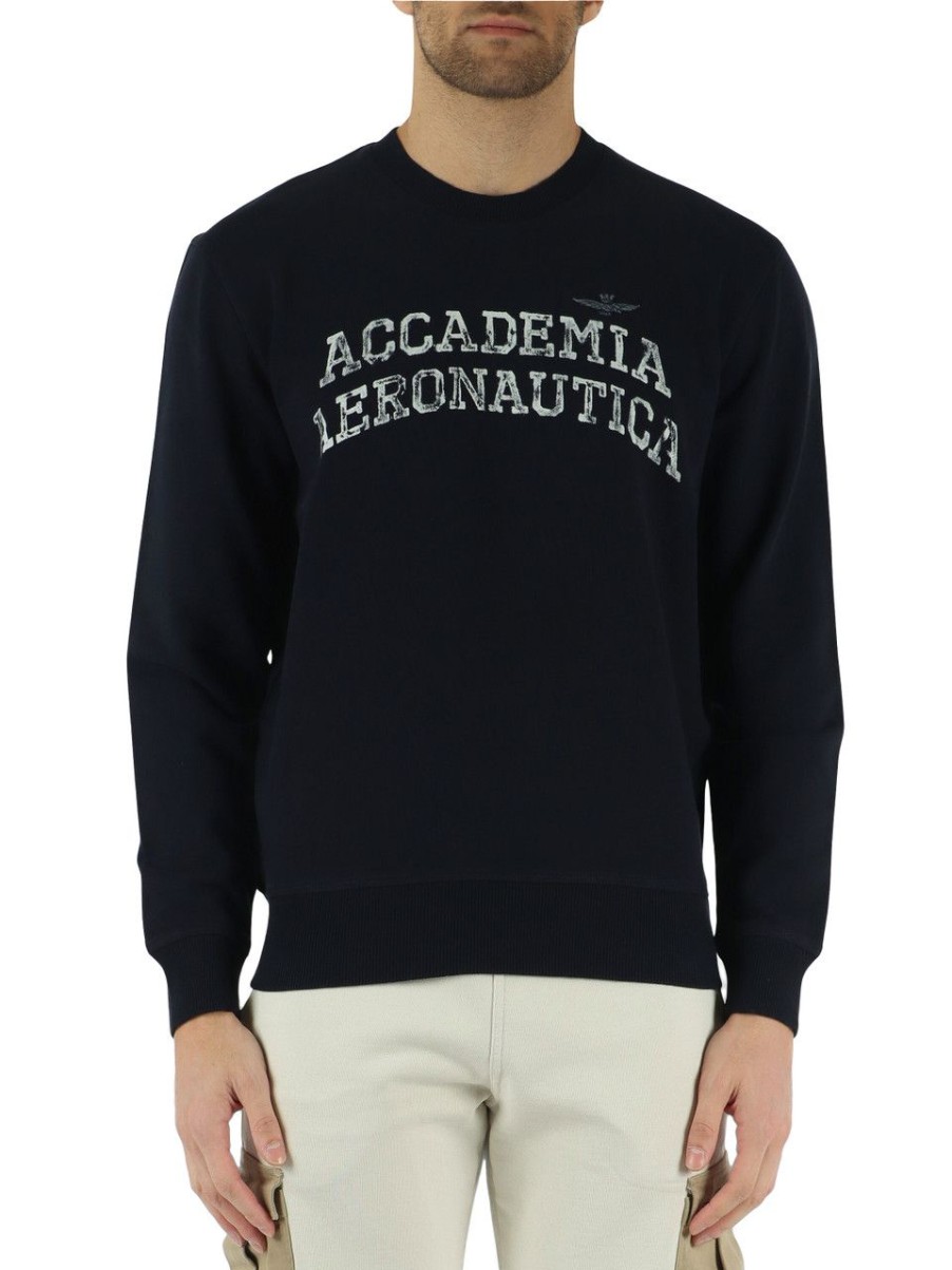 Uomo AERONAUTICA MILITARE | Felpa In Cotone Garzato Con Scritta Logo Blu Scuro