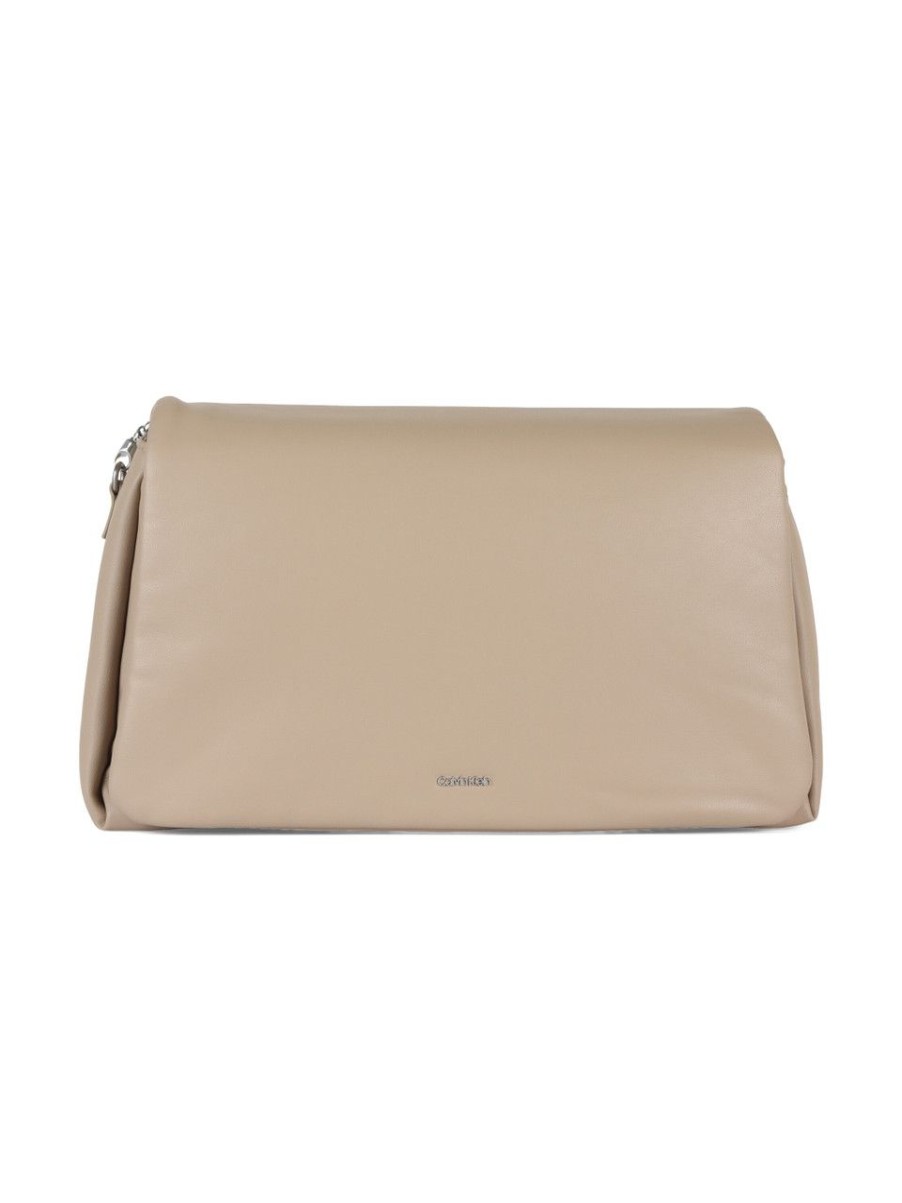 Donna CALVIN KLEIN | Borsa A Spalla Soft Con Placca Logo Frontale Beige