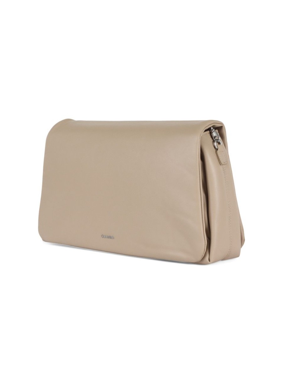 Donna CALVIN KLEIN | Borsa A Spalla Soft Con Placca Logo Frontale Beige