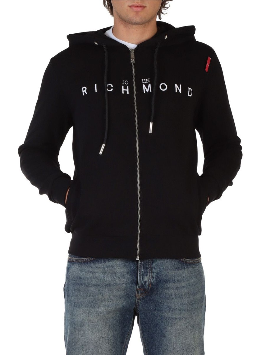 Uomo RICHMOND | Felpa Regular Fit Con Zip E Cappuccio In Cotone Nero