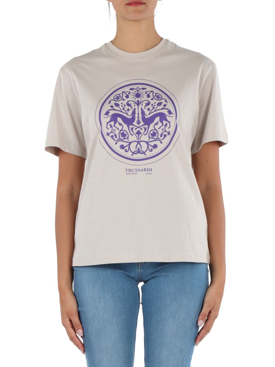 Donna TRUSSARDI | T-Shirt In Cotone Con Stampa Logo Beige