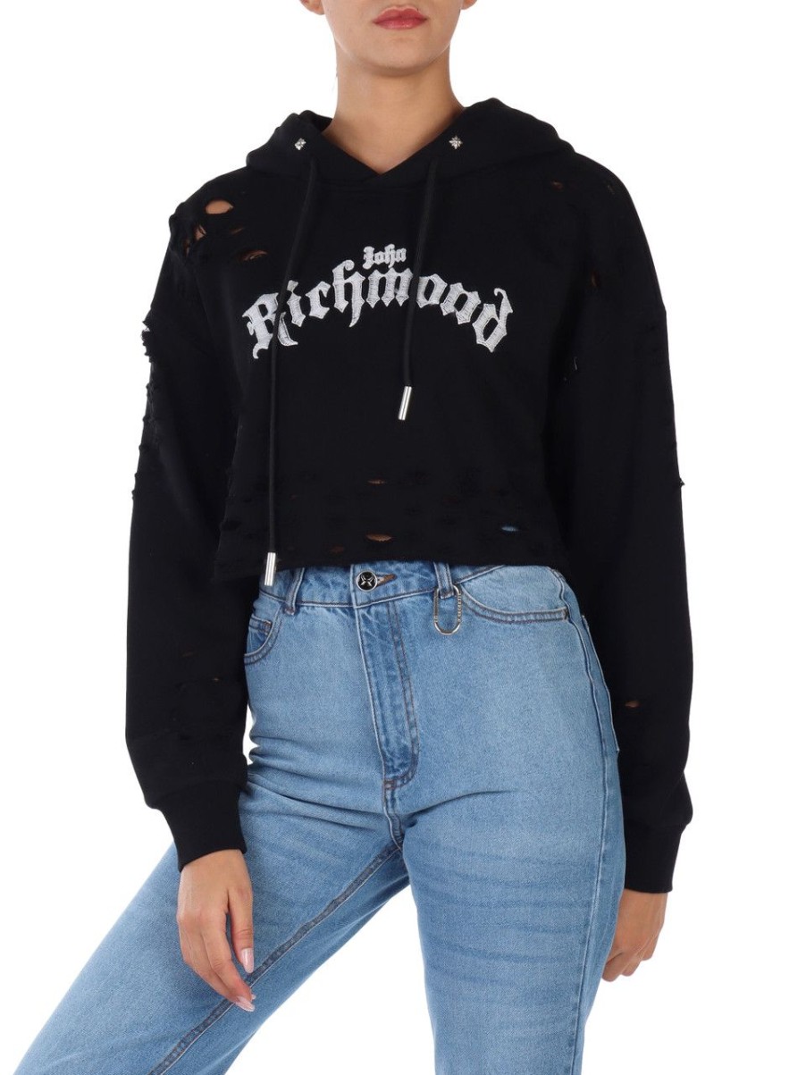 Donna RICHMOND | Felpa Cropped Con Cappuccio E Strappi Nero