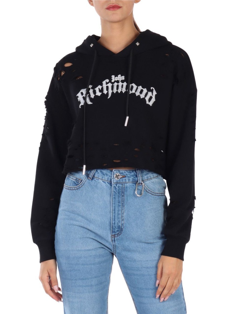 Donna RICHMOND | Felpa Cropped Con Cappuccio E Strappi Nero