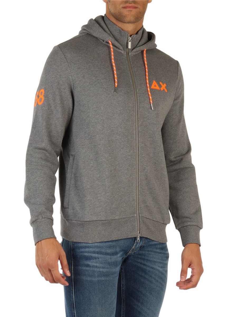 Uomo SUN68 | Felpa In Cotone Con Zip E E Ricamo Logo Grigio