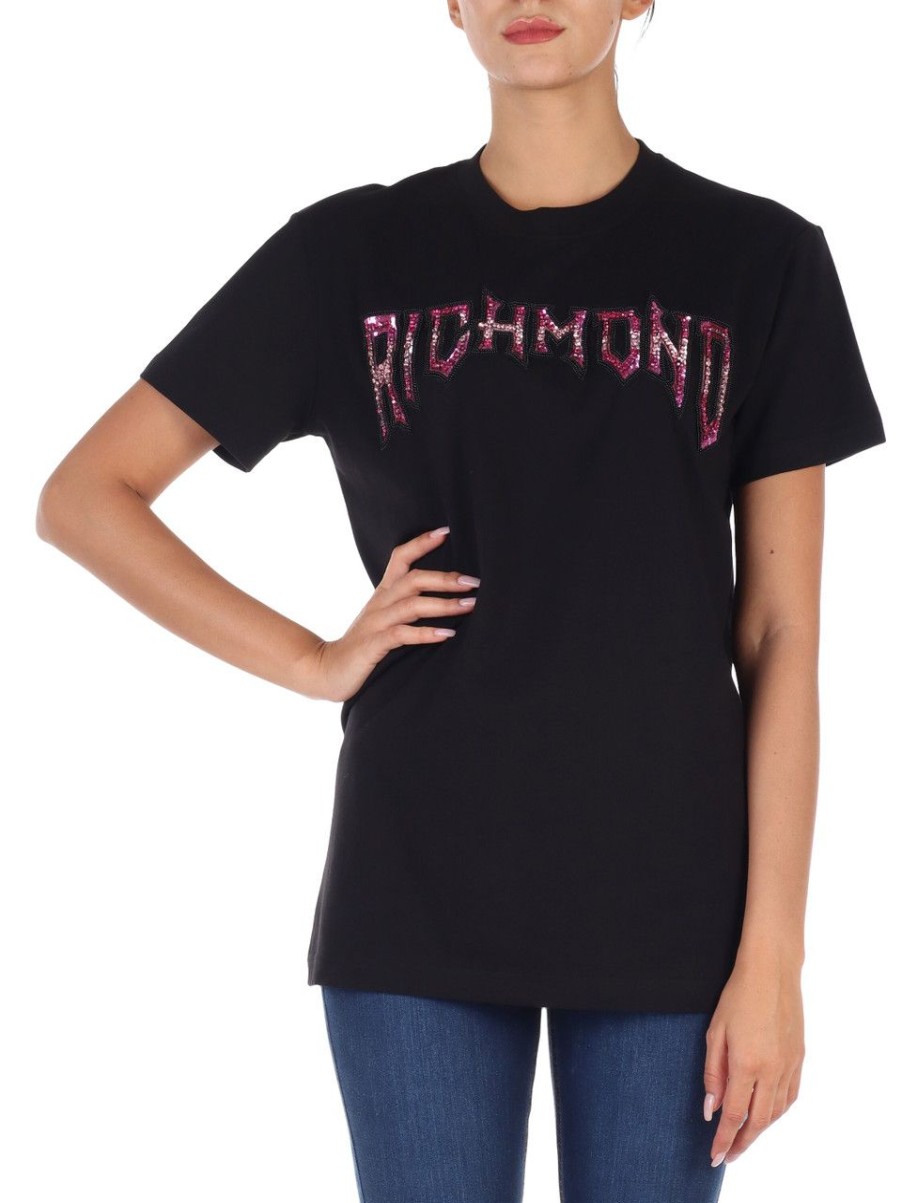 Donna RICHMOND | T-Shirt In Cotone Con Scritta Logo In Strass Nero