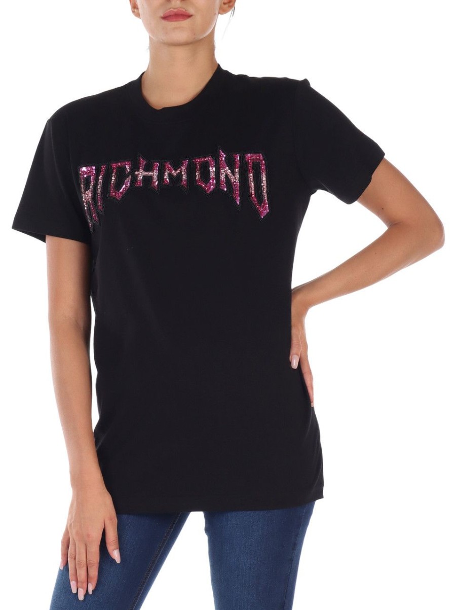 Donna RICHMOND | T-Shirt In Cotone Con Scritta Logo In Strass Nero