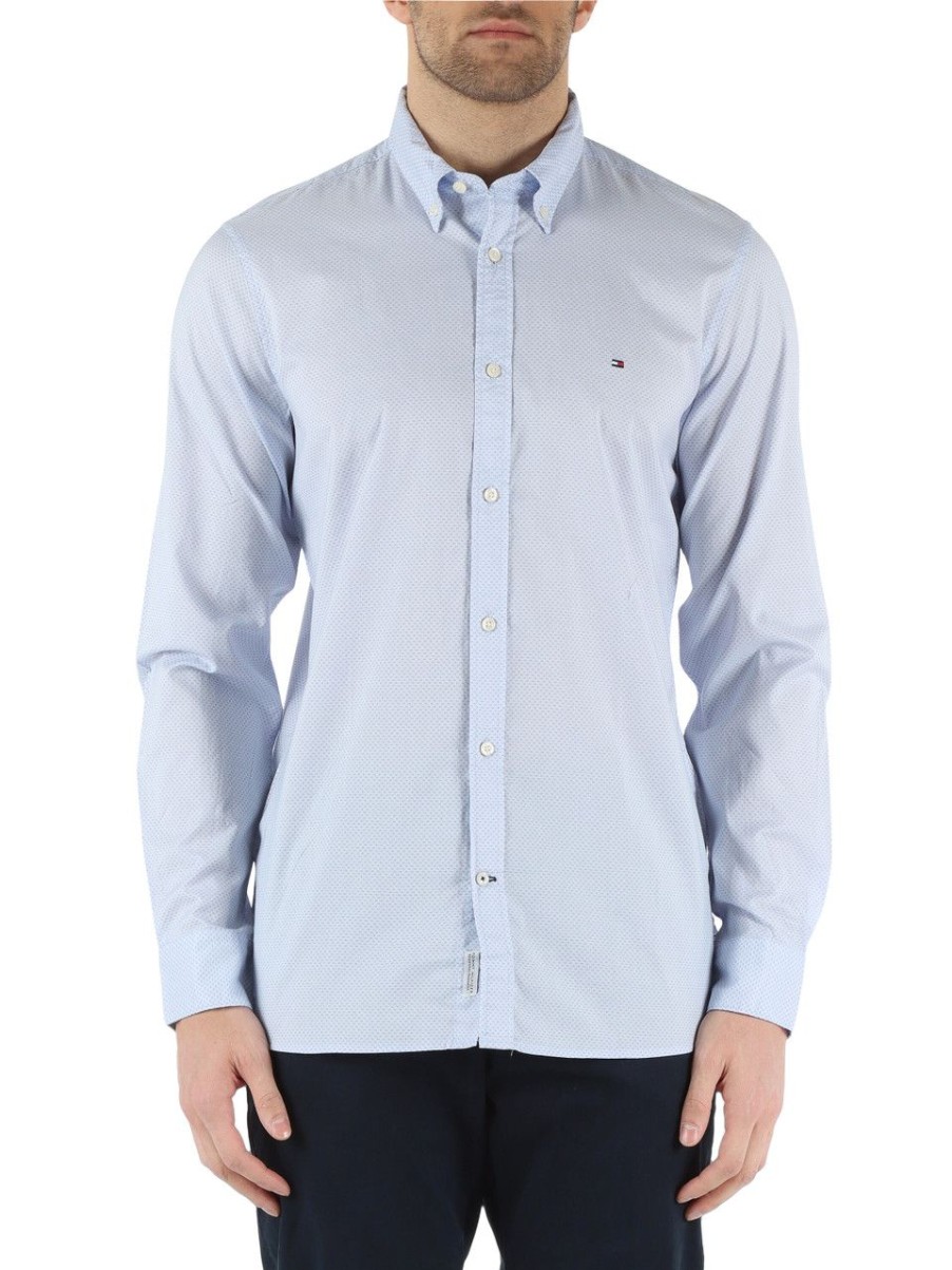 Uomo TOMMY HILFIGER | Camicia Thflex Slim Fit In Cotone Celeste