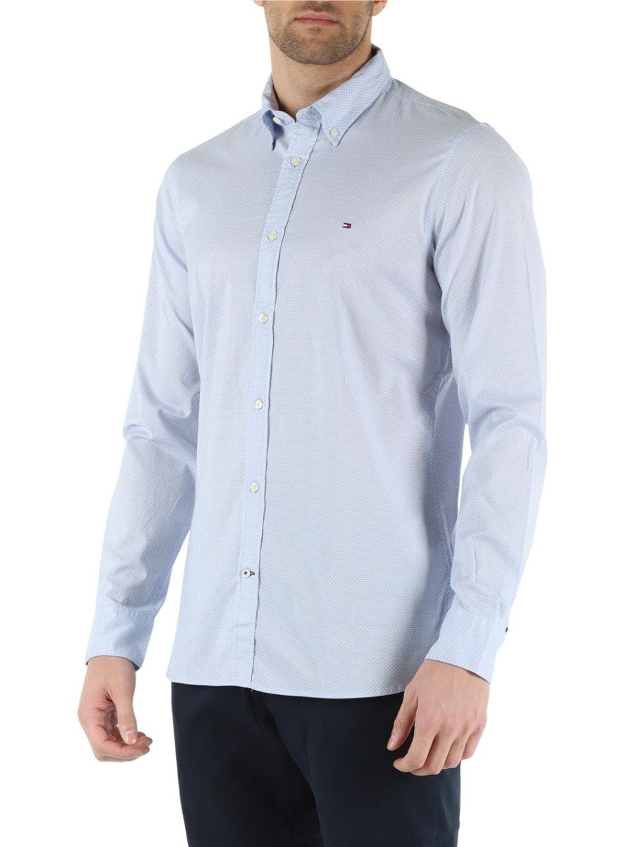 Uomo TOMMY HILFIGER | Camicia Thflex Slim Fit In Cotone Celeste