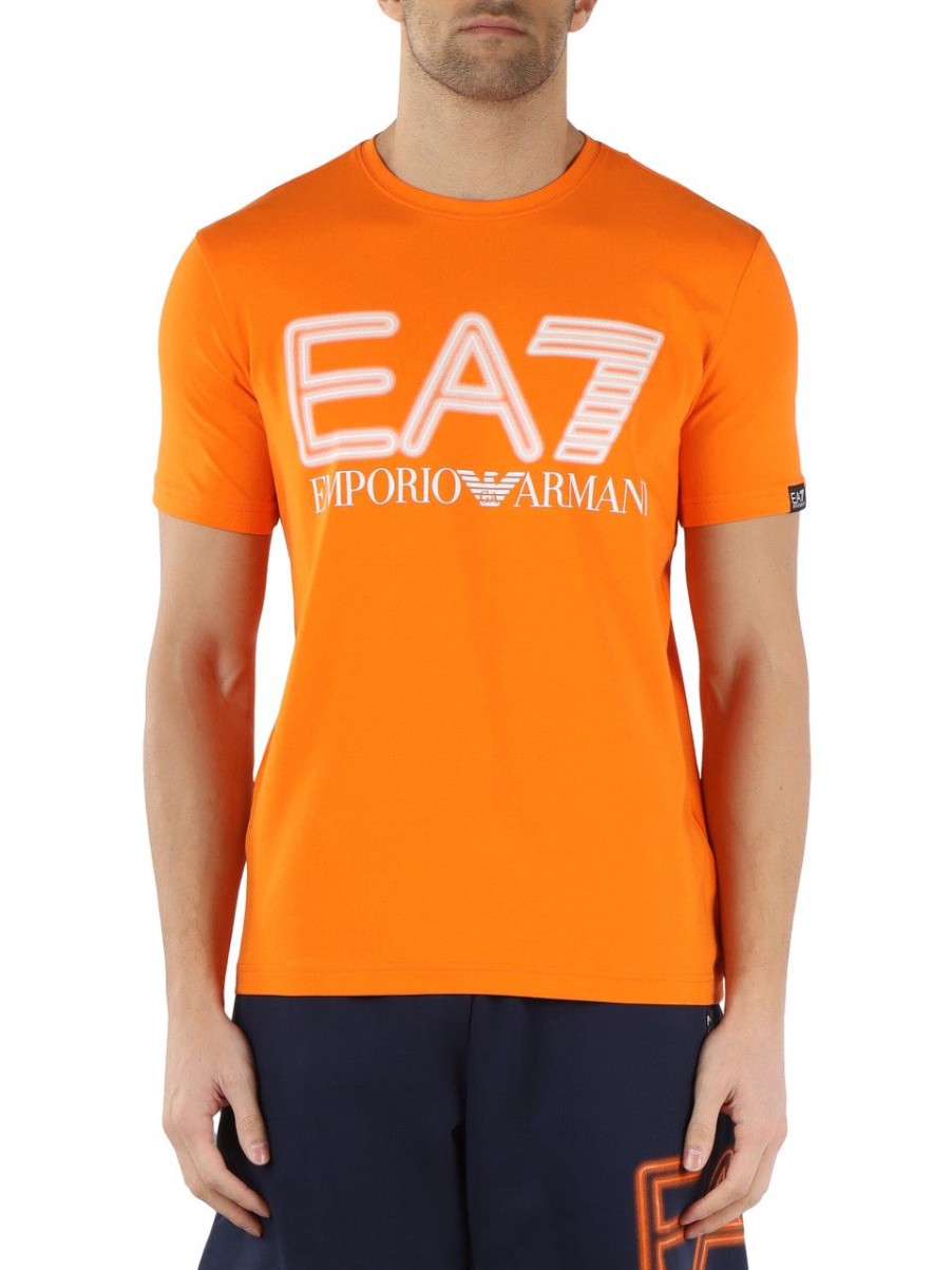 Uomo EA7 | T-Shirt In Cotone Stretch Con Stampa Logo A Rilievo Arancione