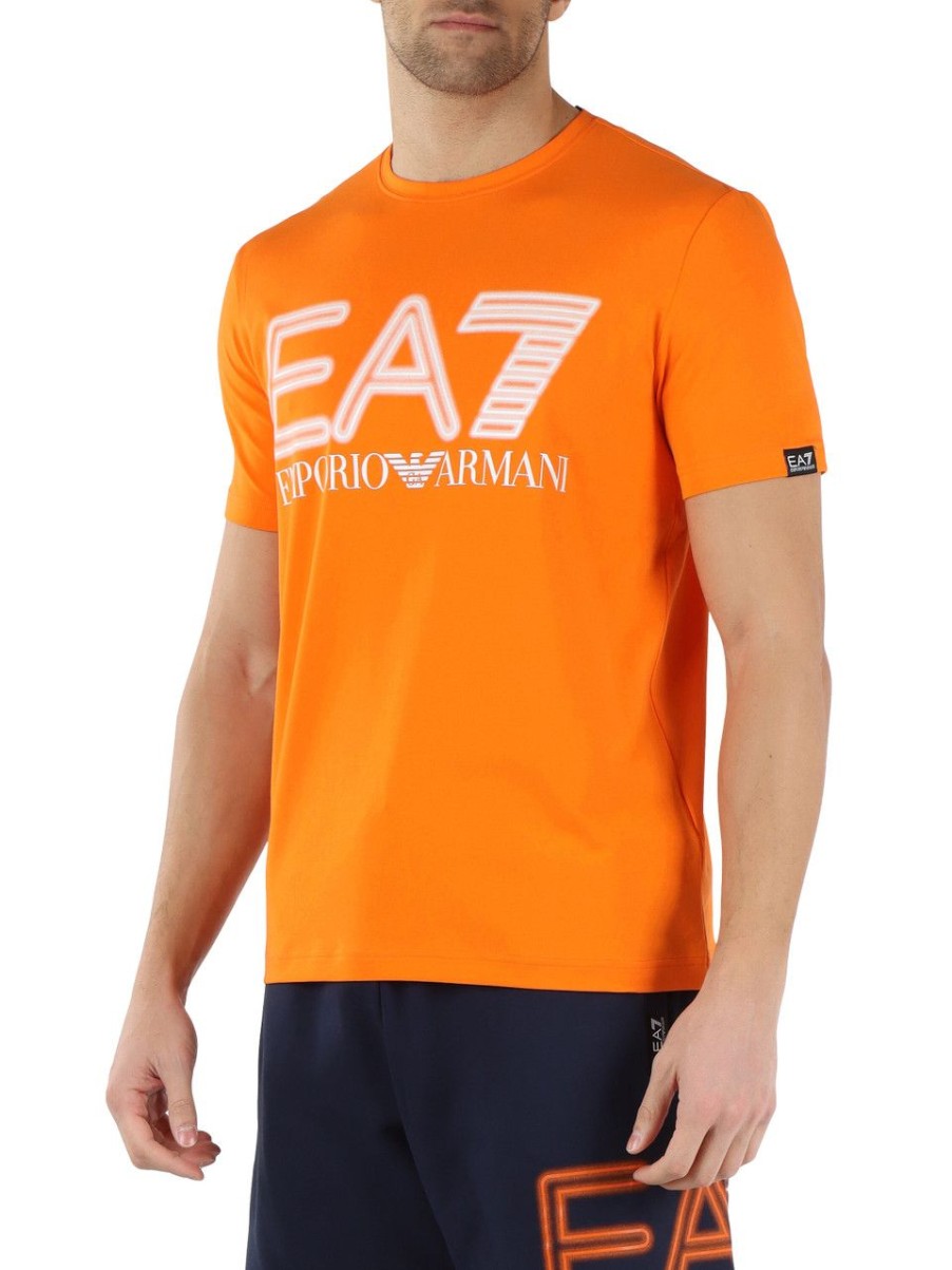 Uomo EA7 | T-Shirt In Cotone Stretch Con Stampa Logo A Rilievo Arancione