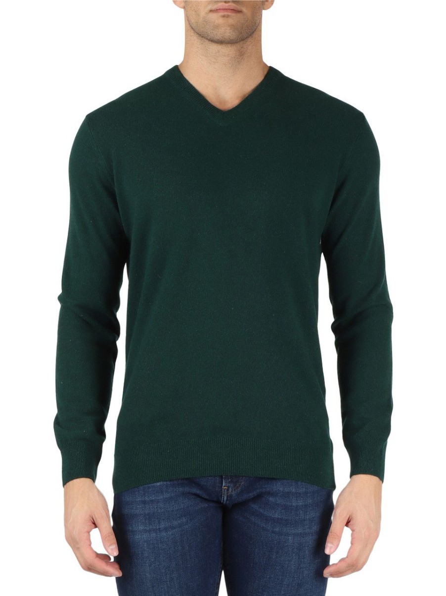 Uomo REFABRICS | Maglia Collo A V In Cashmere Verde Scuro