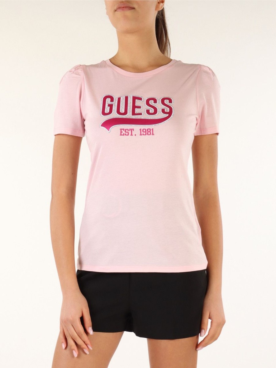 Donna GUESS | T-Shirt In Cotone E Modal Con Scritta Logo Rosa