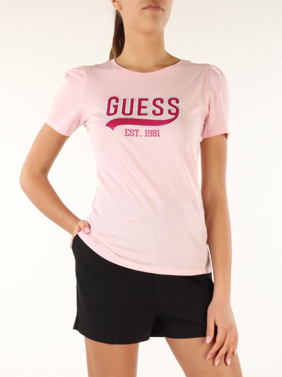 Donna GUESS | T-Shirt In Cotone E Modal Con Scritta Logo Rosa