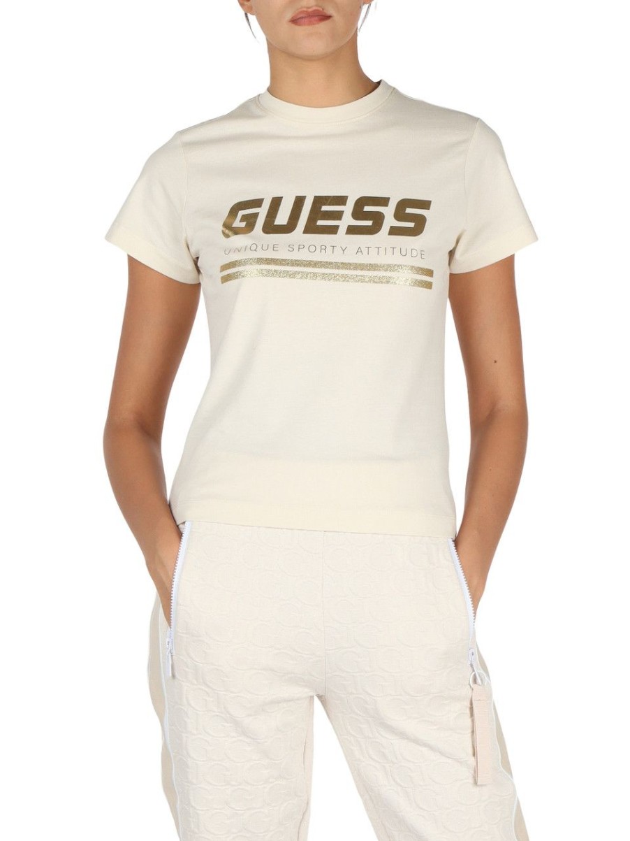 Donna GUESS | Active: T-Shirt In Cotone Con Scritta Logo Riflettente Panna