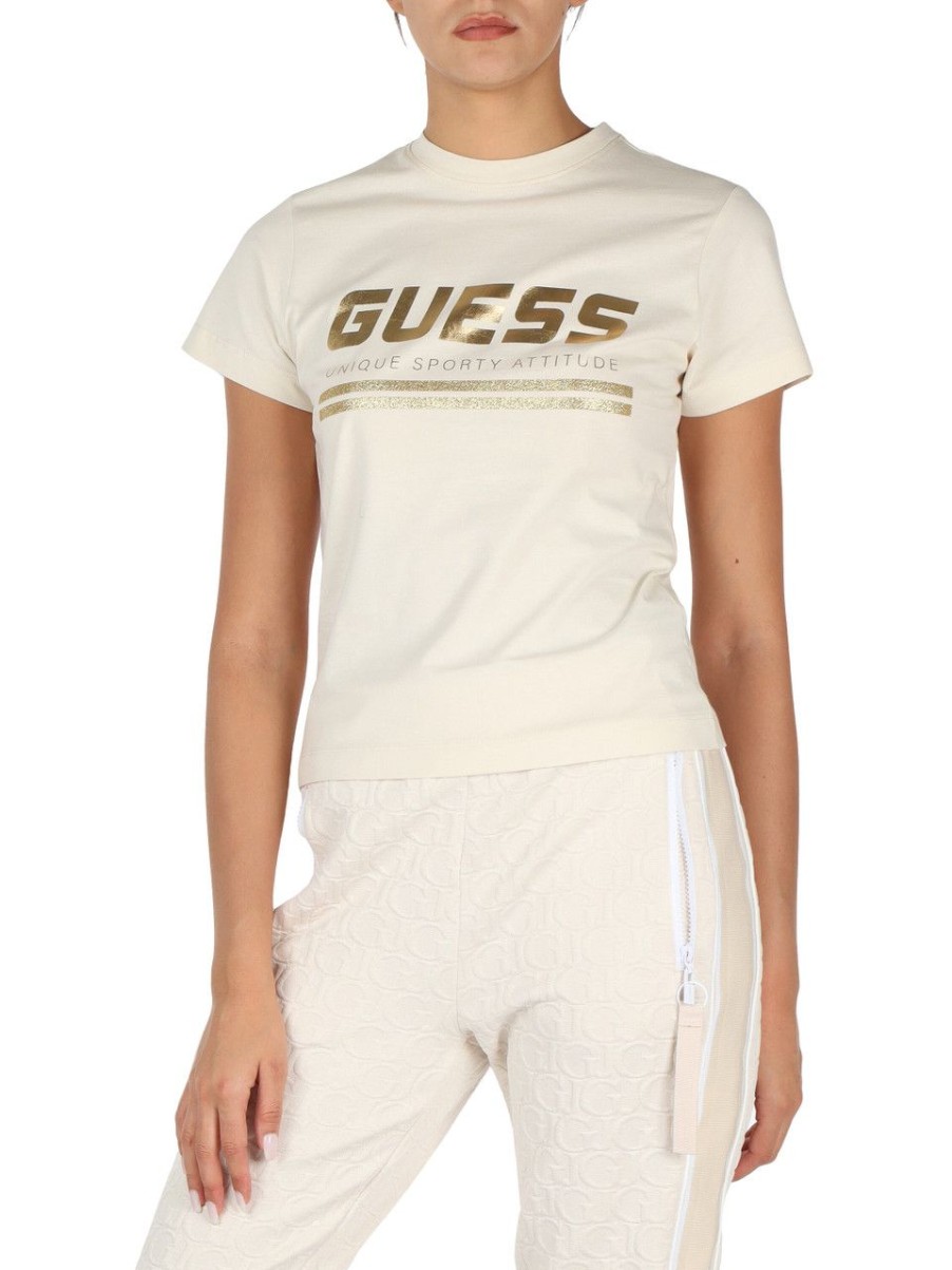 Donna GUESS | Active: T-Shirt In Cotone Con Scritta Logo Riflettente Panna