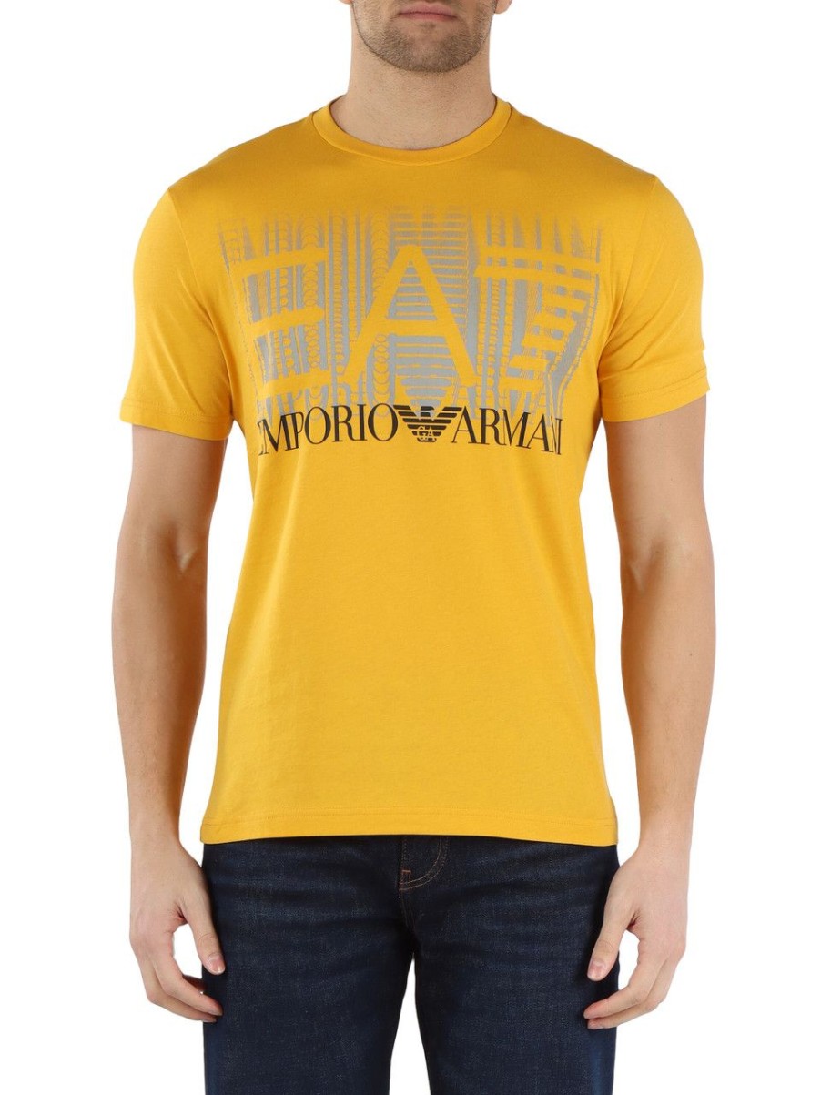 Uomo EA7 | T-Shirt In Cotone Con Scritta Logo Frontale Giallo