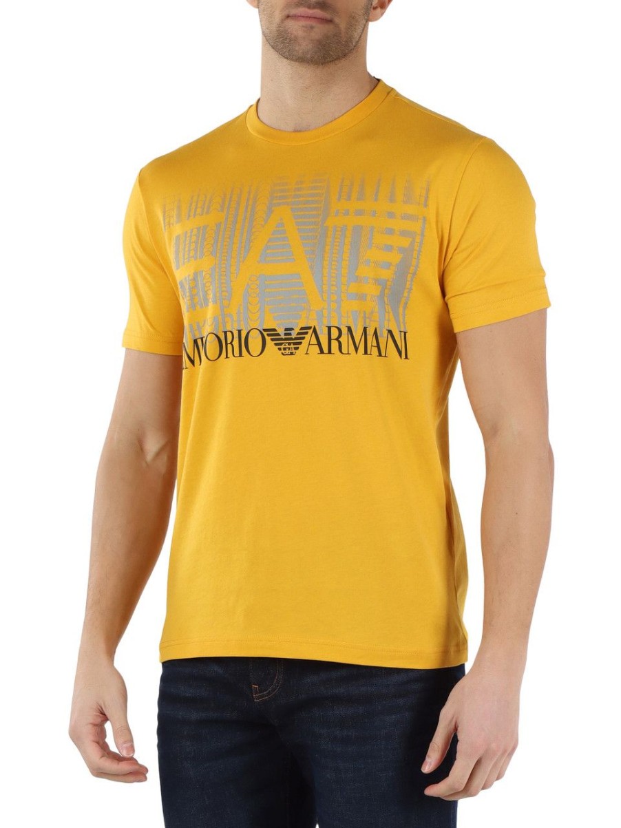 Uomo EA7 | T-Shirt In Cotone Con Scritta Logo Frontale Giallo