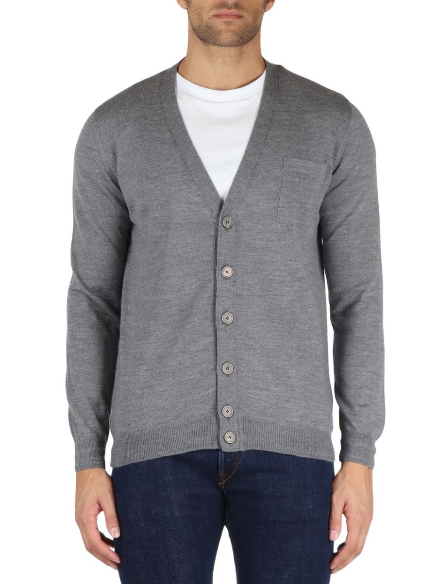 Uomo ALPHA STUDIO | Cardigan Slim Fit In Lana Merino Extrafine Grigio