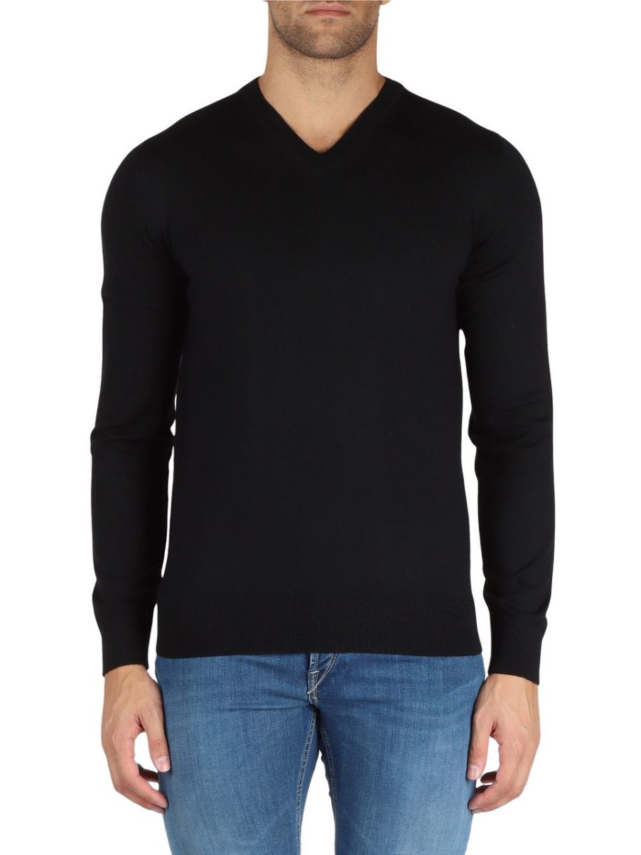 Uomo ALPHA STUDIO | Maglia Slim Fit In Lana Merinos Extrafine Nero