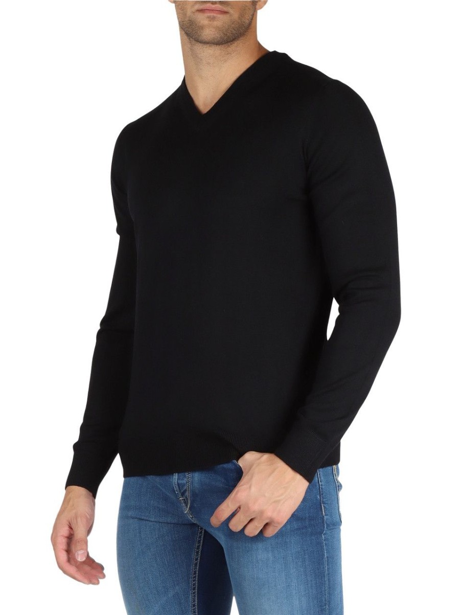 Uomo ALPHA STUDIO | Maglia Slim Fit In Lana Merinos Extrafine Nero