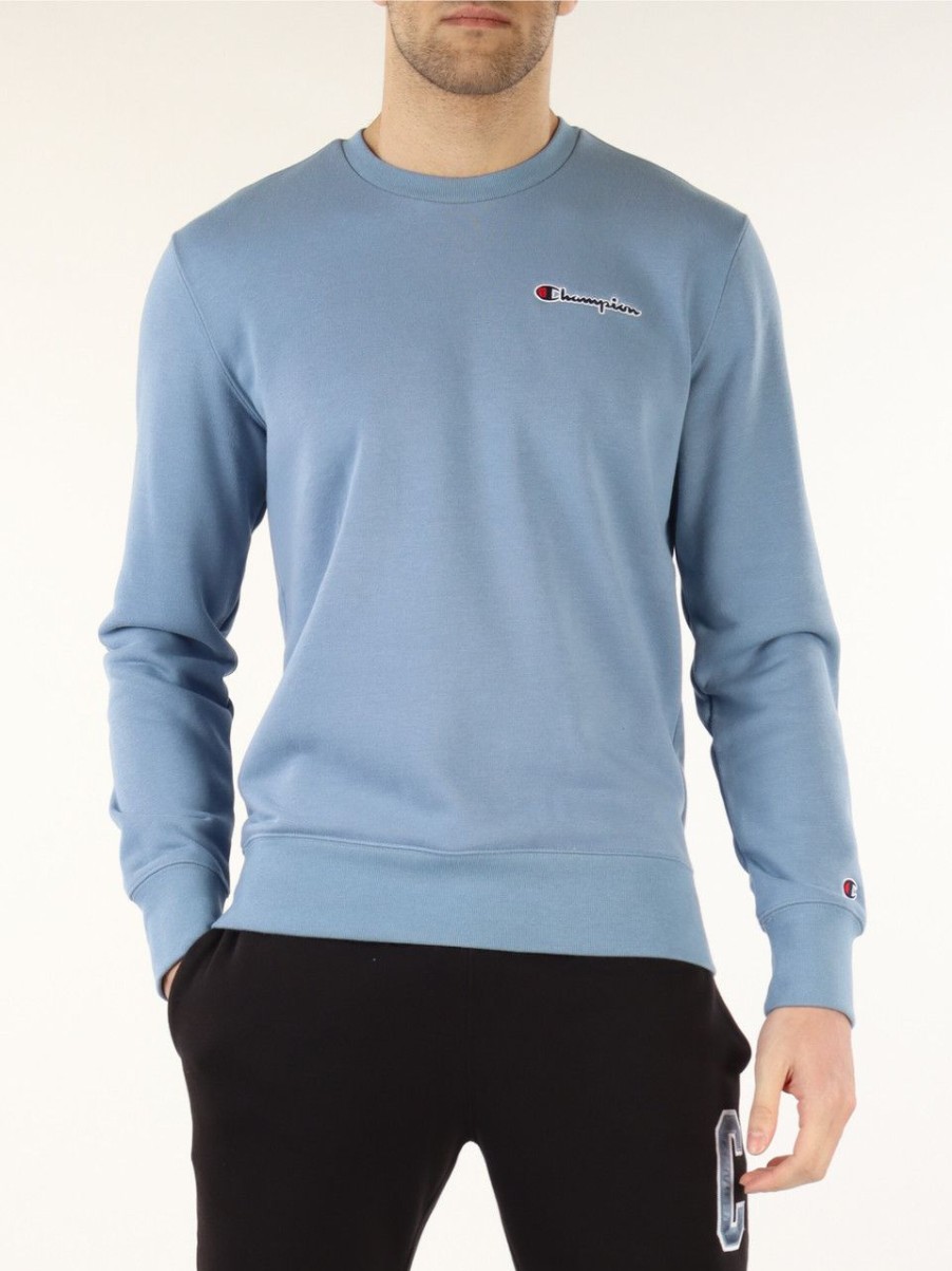 Uomo CHAMPION | Felpa In Misto Cotone Con Ricamo Logo Blu Chiaro