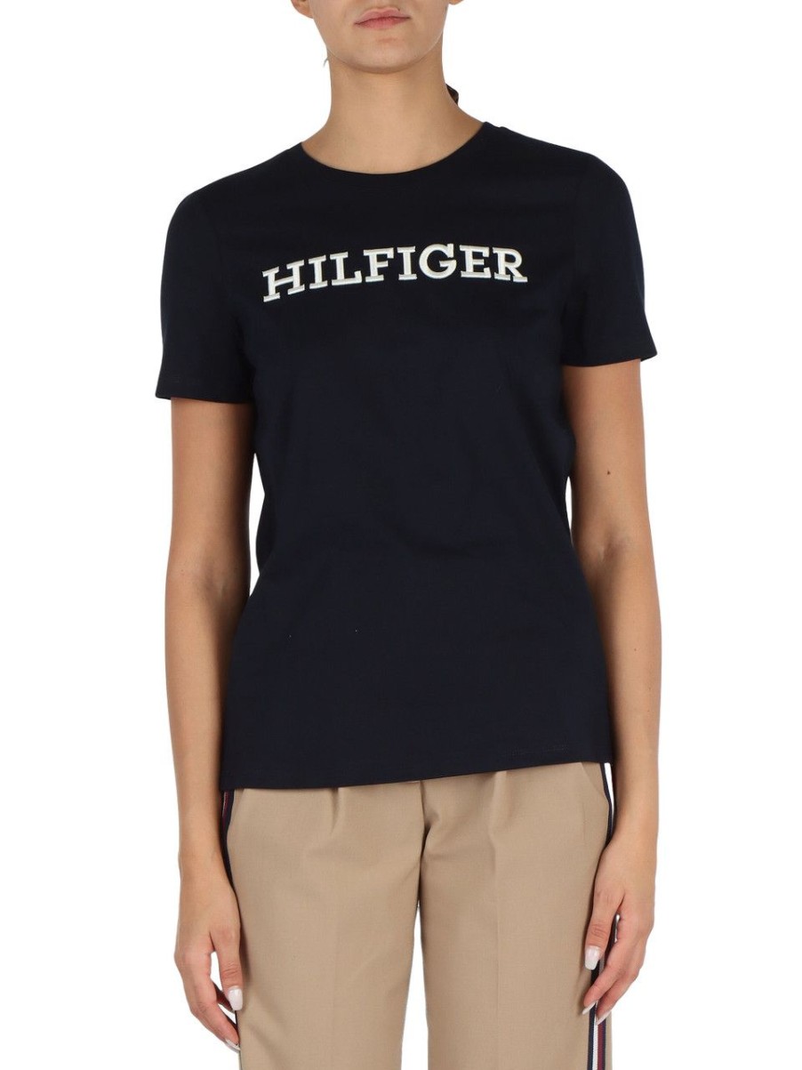 Donna TOMMY HILFIGER | T-Shirt In Cotone Con Ricamo Logo Frontale Blu Scuro