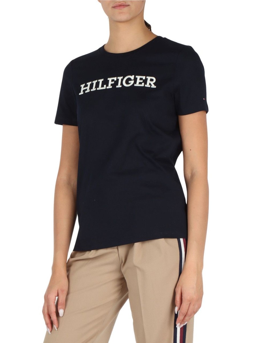 Donna TOMMY HILFIGER | T-Shirt In Cotone Con Ricamo Logo Frontale Blu Scuro