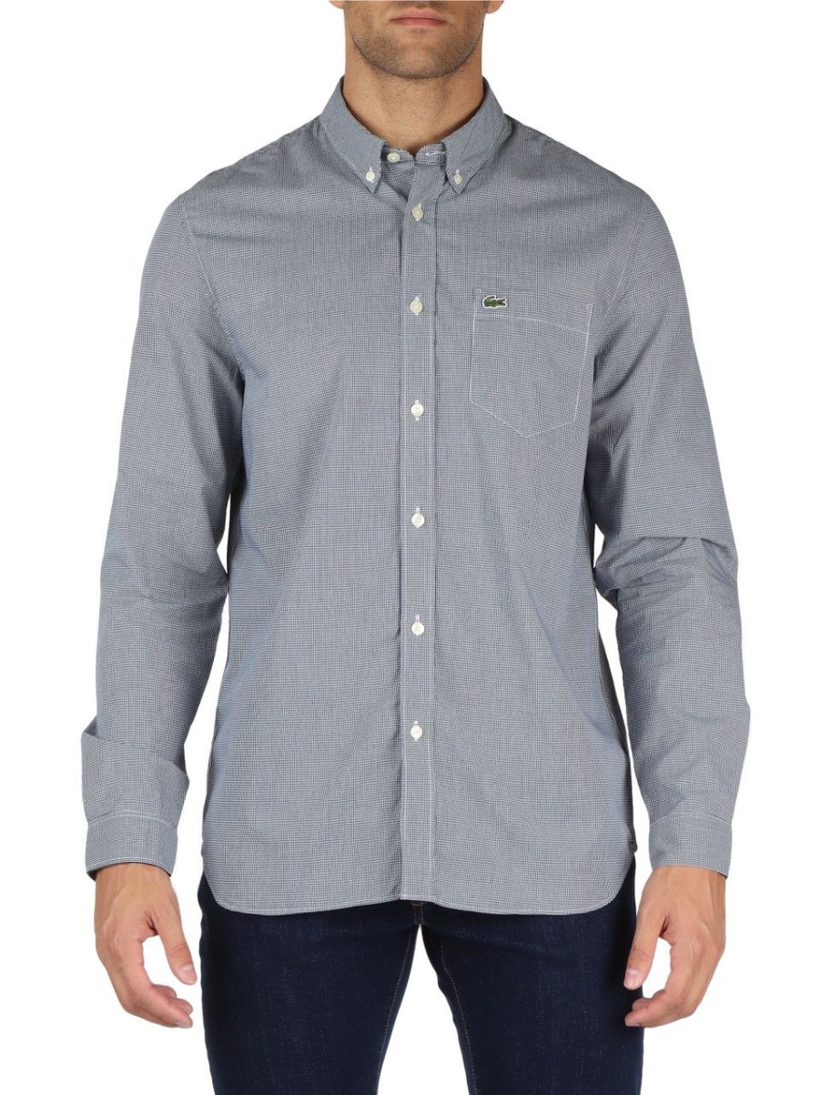 Uomo LACOSTE | Camicia In Cotone Regular Fit Con Taschino Frontale Blu