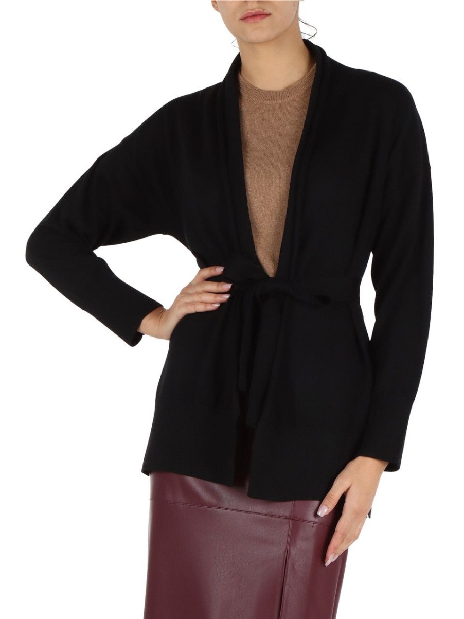 Donna ALPHA STUDIO | Cardigan Con Cintura In Lana Merino Extrafine Nero