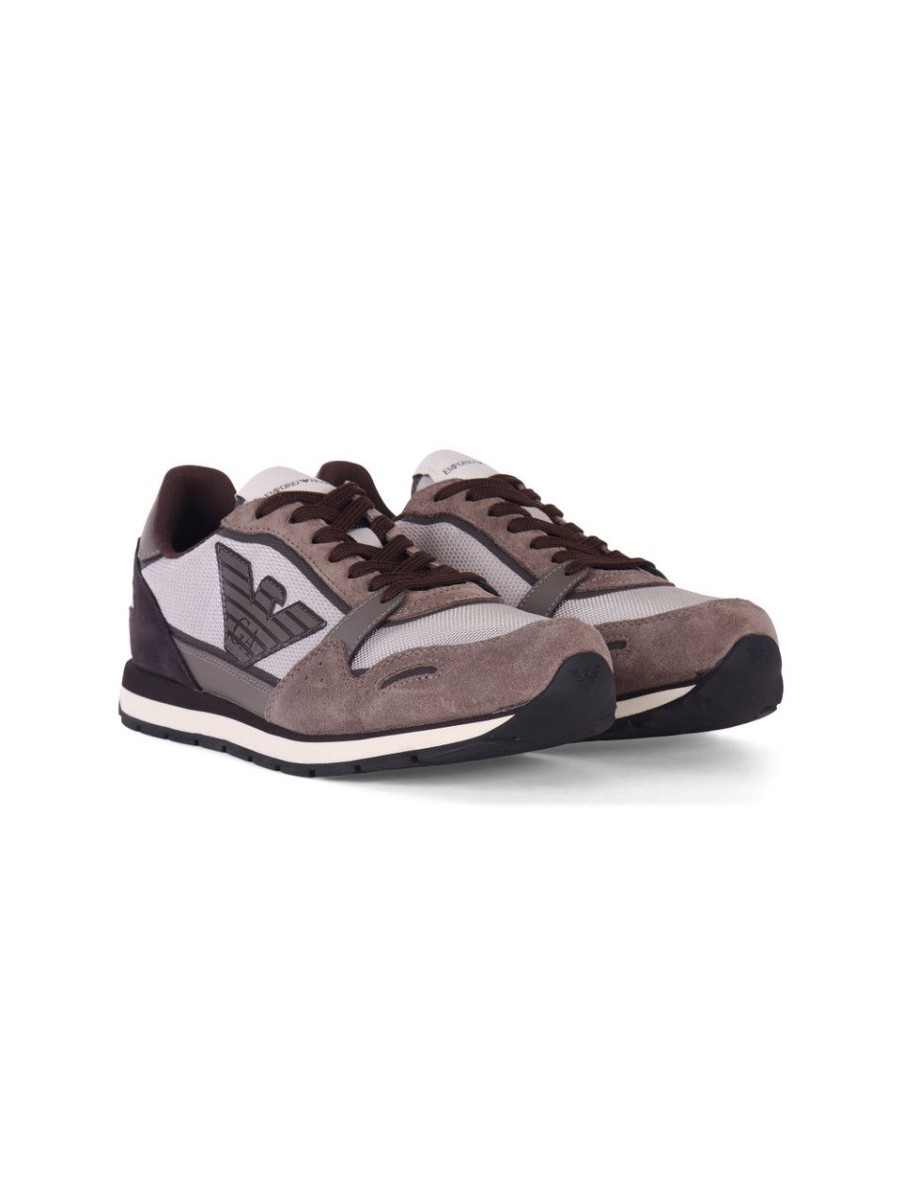 Uomo EMPORIO ARMANI | Sneakers In Pelle E Tessuto Con Patch Logo Marrone