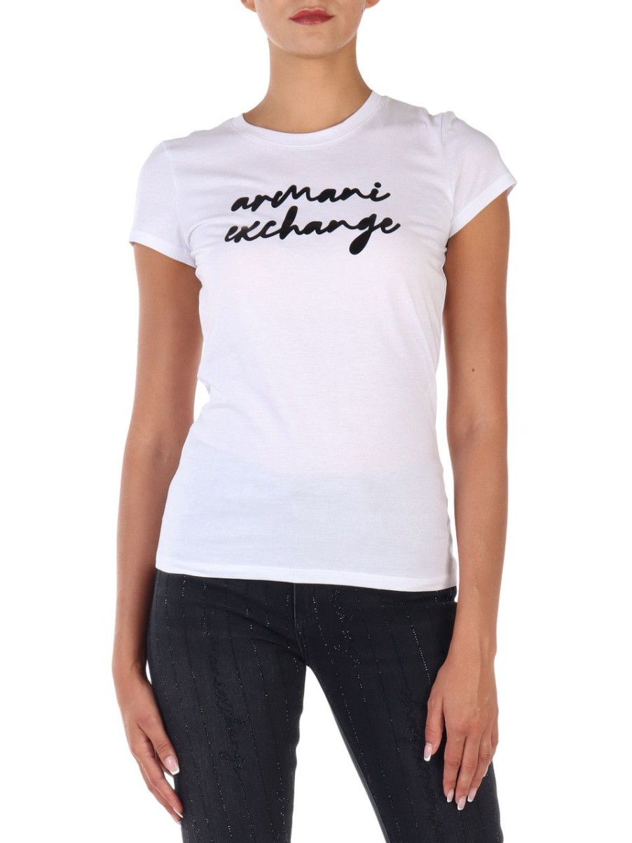 Donna ARMANI EXCHANGE | T-Shirt In Pima Cotton Con Scritta Logo Frontale Bianco