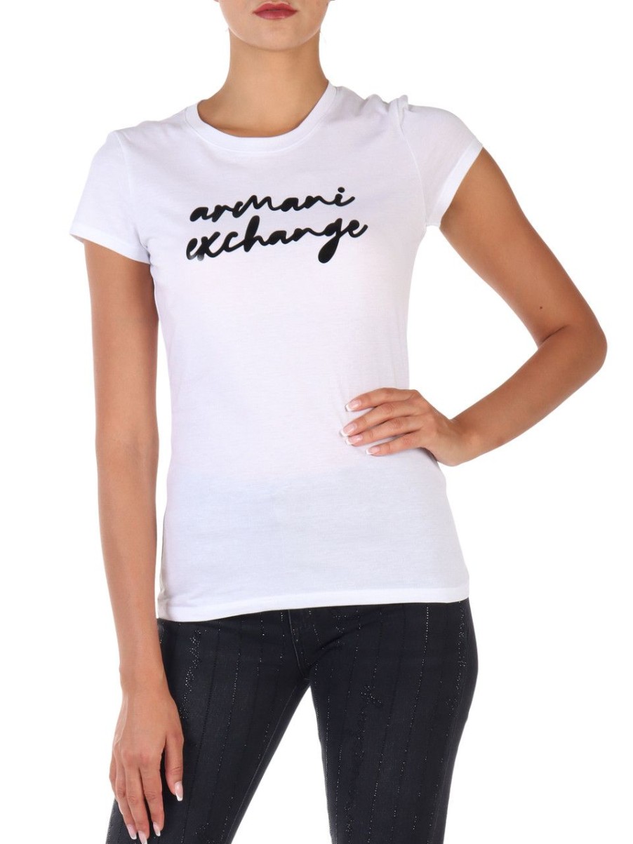 Donna ARMANI EXCHANGE | T-Shirt In Pima Cotton Con Scritta Logo Frontale Bianco