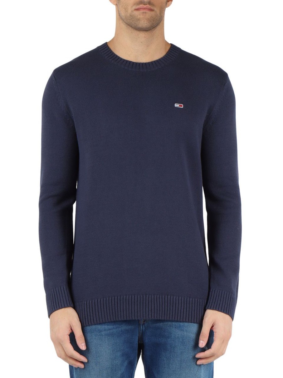 Uomo TOMMY JEANS | Maglia Girocollo In Cotone Con Ricamo Logo Blu