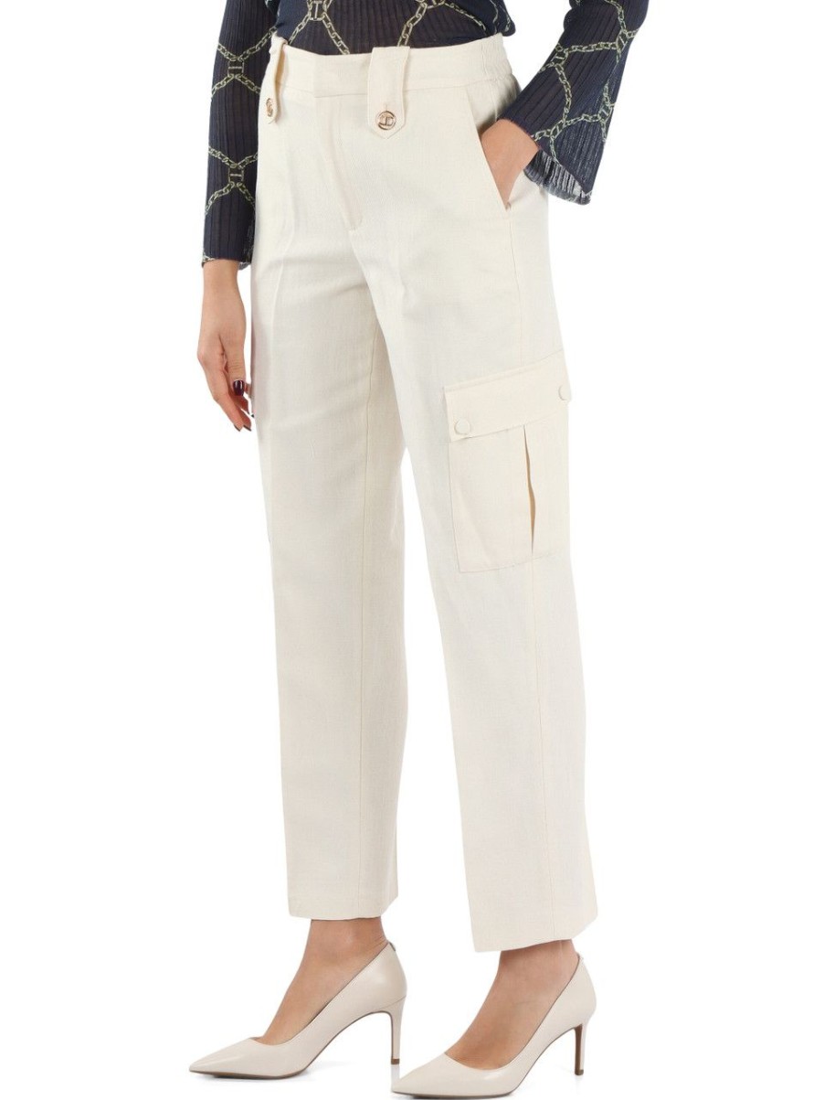 Donna TWINSET | Pantalone In Saia Di Cotone E Lino Panna