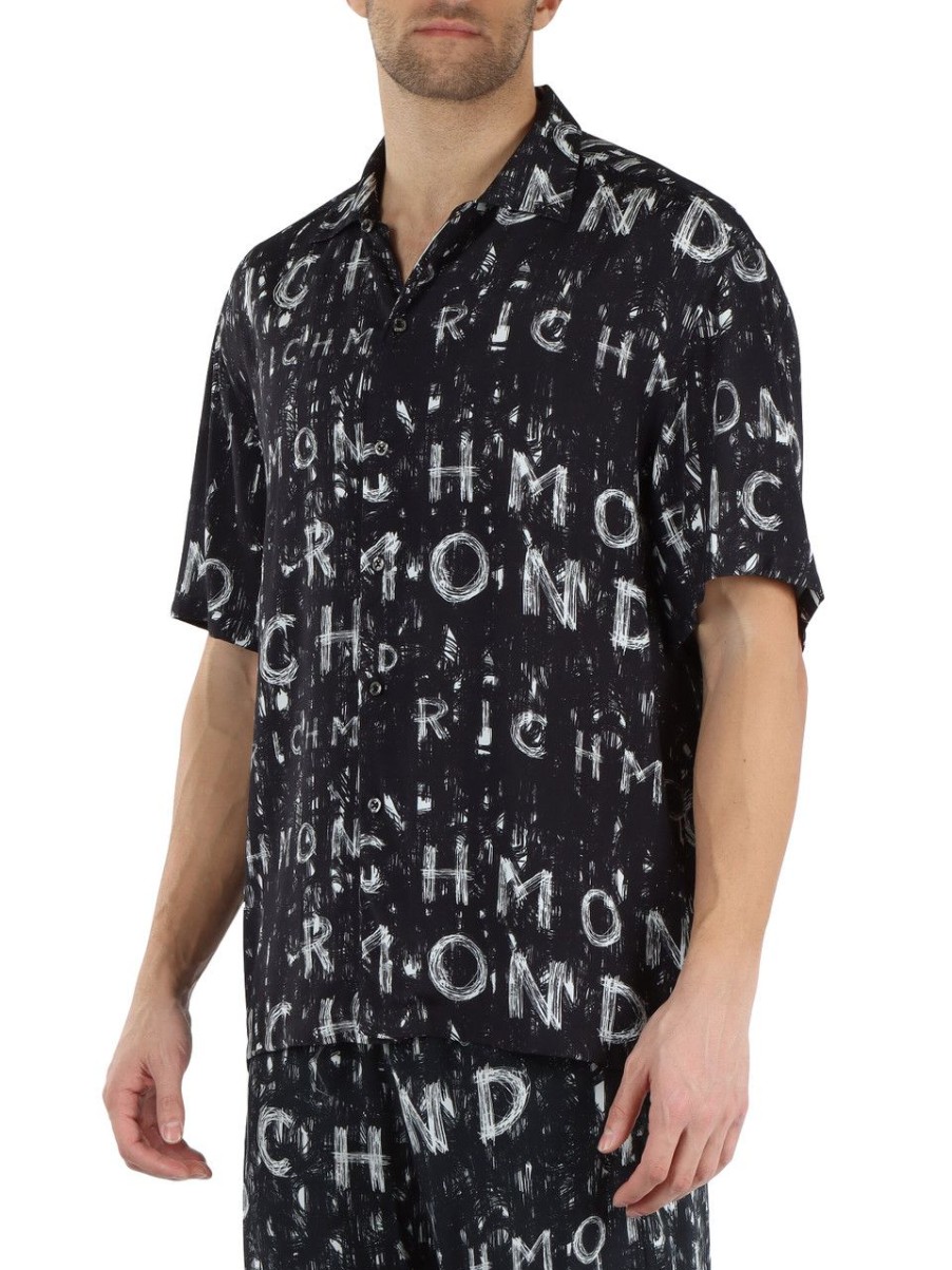 Uomo RICHMOND | Camicia In Viscosa Con Stampa Logo All Over Nero