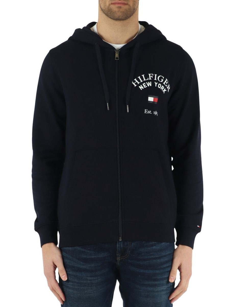 Uomo TOMMY HILFIGER | Felpa Con Zip E Cappuccio In Cotone Garzato Blu Scuro