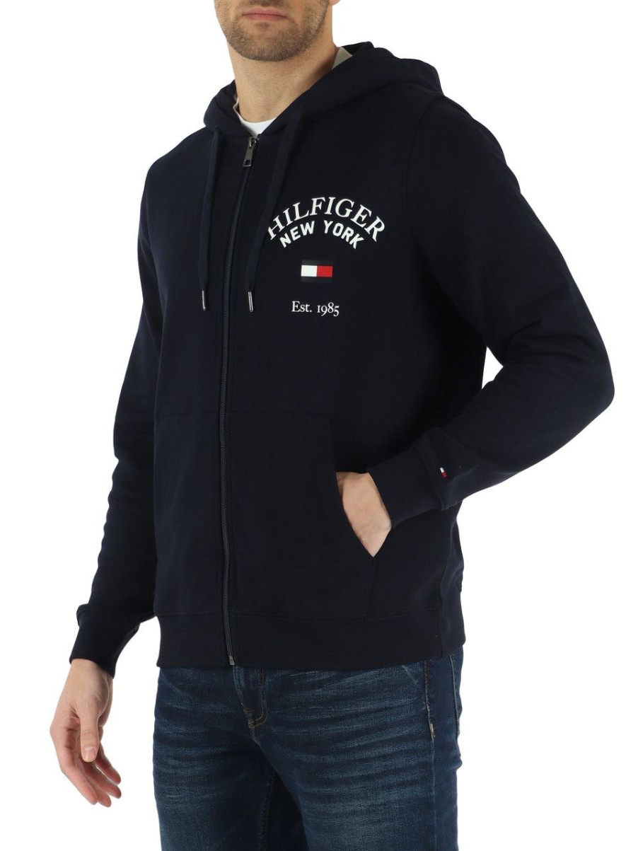 Uomo TOMMY HILFIGER | Felpa Con Zip E Cappuccio In Cotone Garzato Blu Scuro