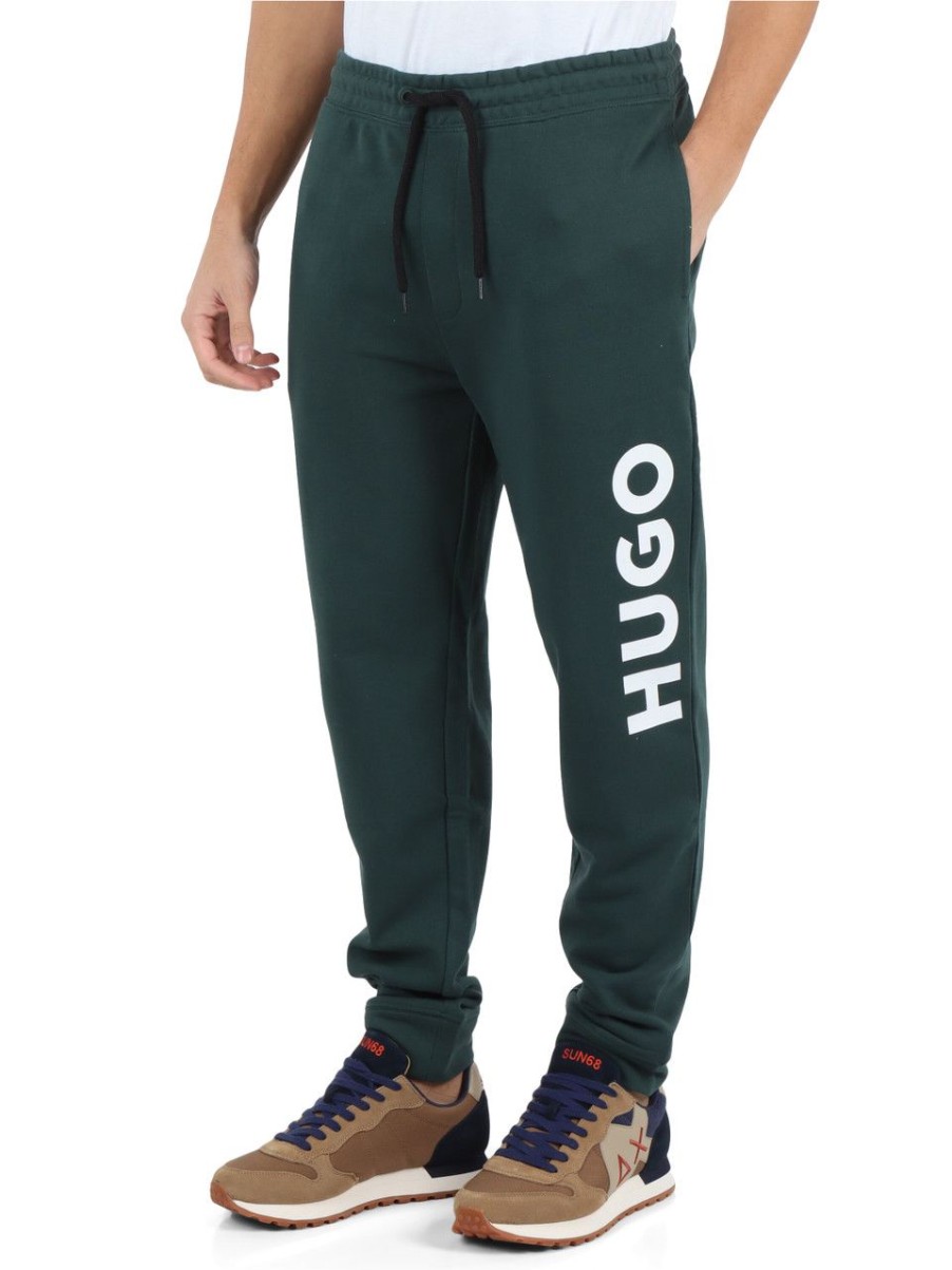 Uomo HUGO | Pantalone Sportivo In Cotone Garzato Con Scritta Logo Verde