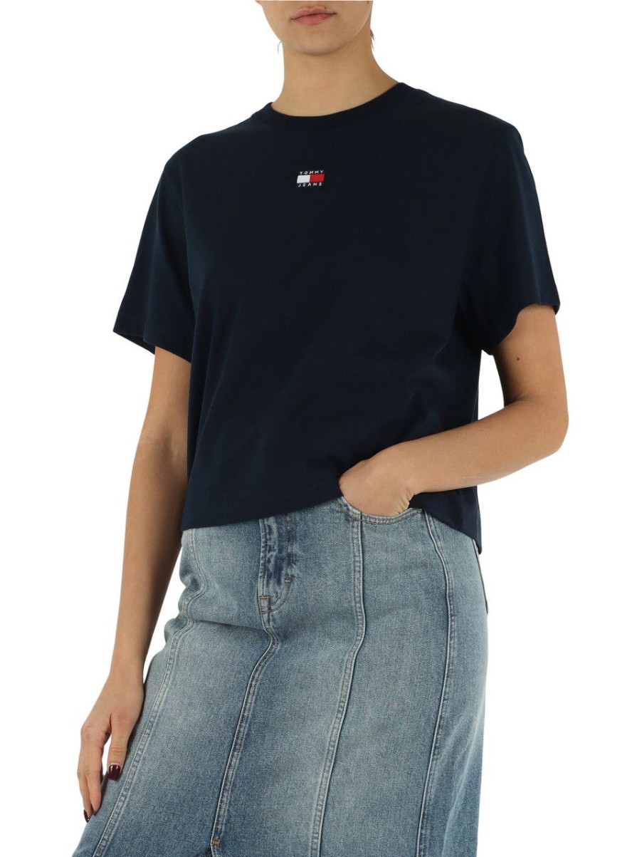 Donna TOMMY JEANS | T-Shirt In Misto Cotone Con Ricamo Logo Frontale Blu Scuro