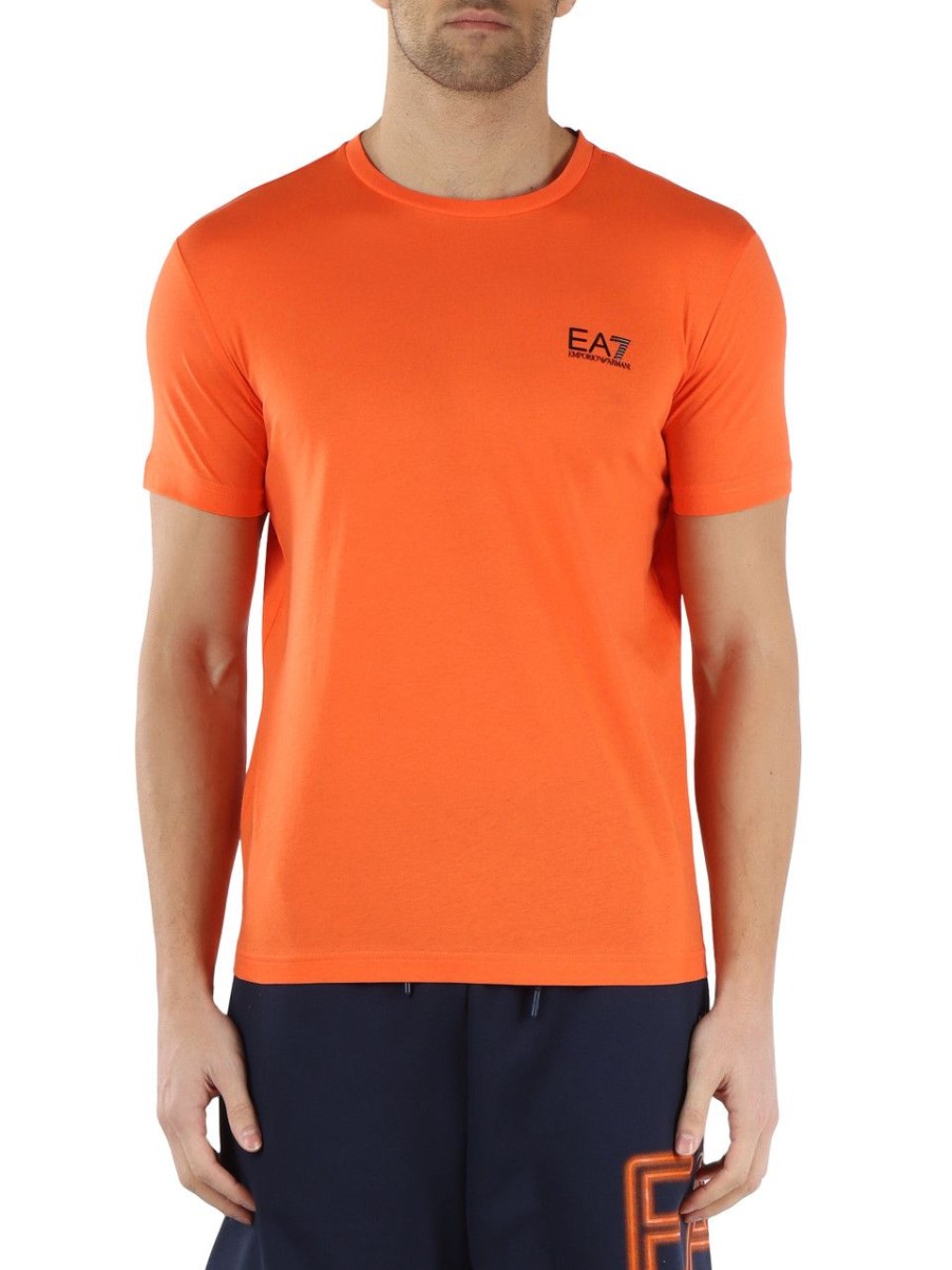 Uomo EA7 | T-Shirt In Cotone Con Stampa Logo Gommata Arancione