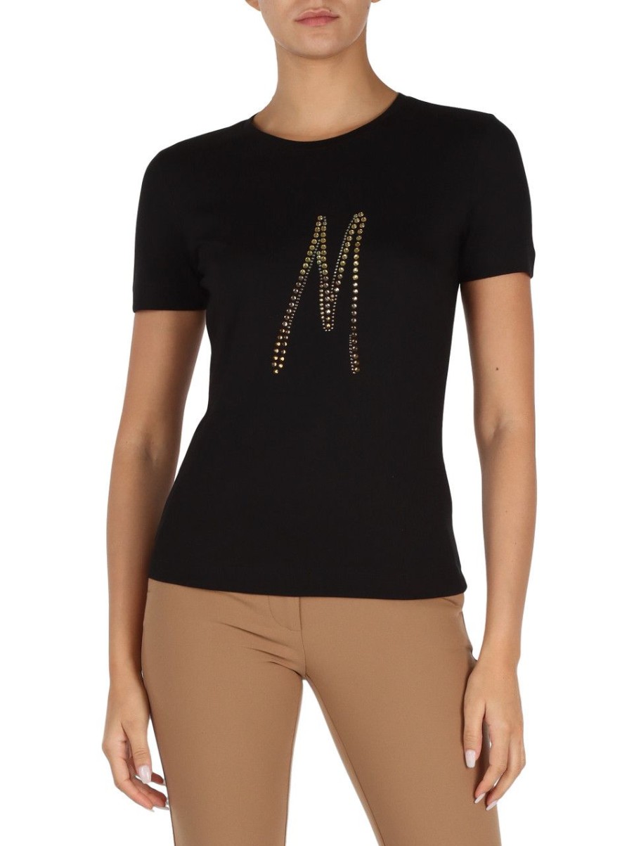 Donna MARCIANO GUESS | T-Shirt In Cotone E Modal Con Logo In Strass Nero