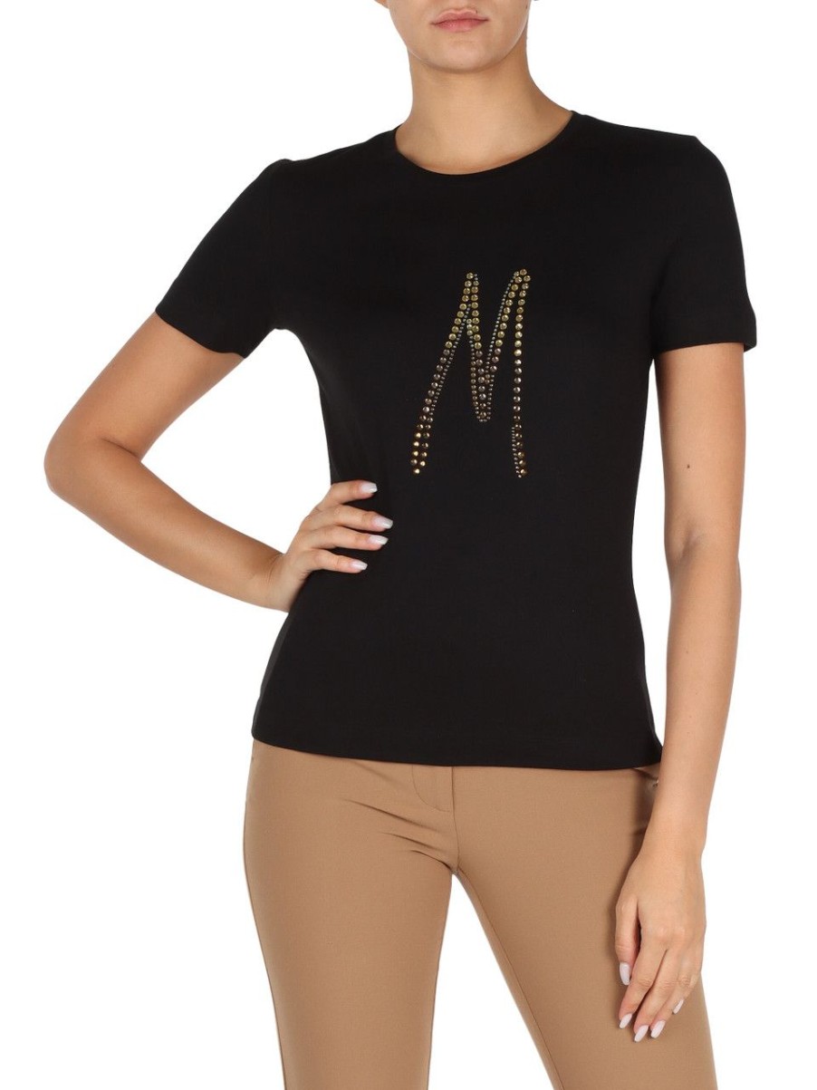 Donna MARCIANO GUESS | T-Shirt In Cotone E Modal Con Logo In Strass Nero