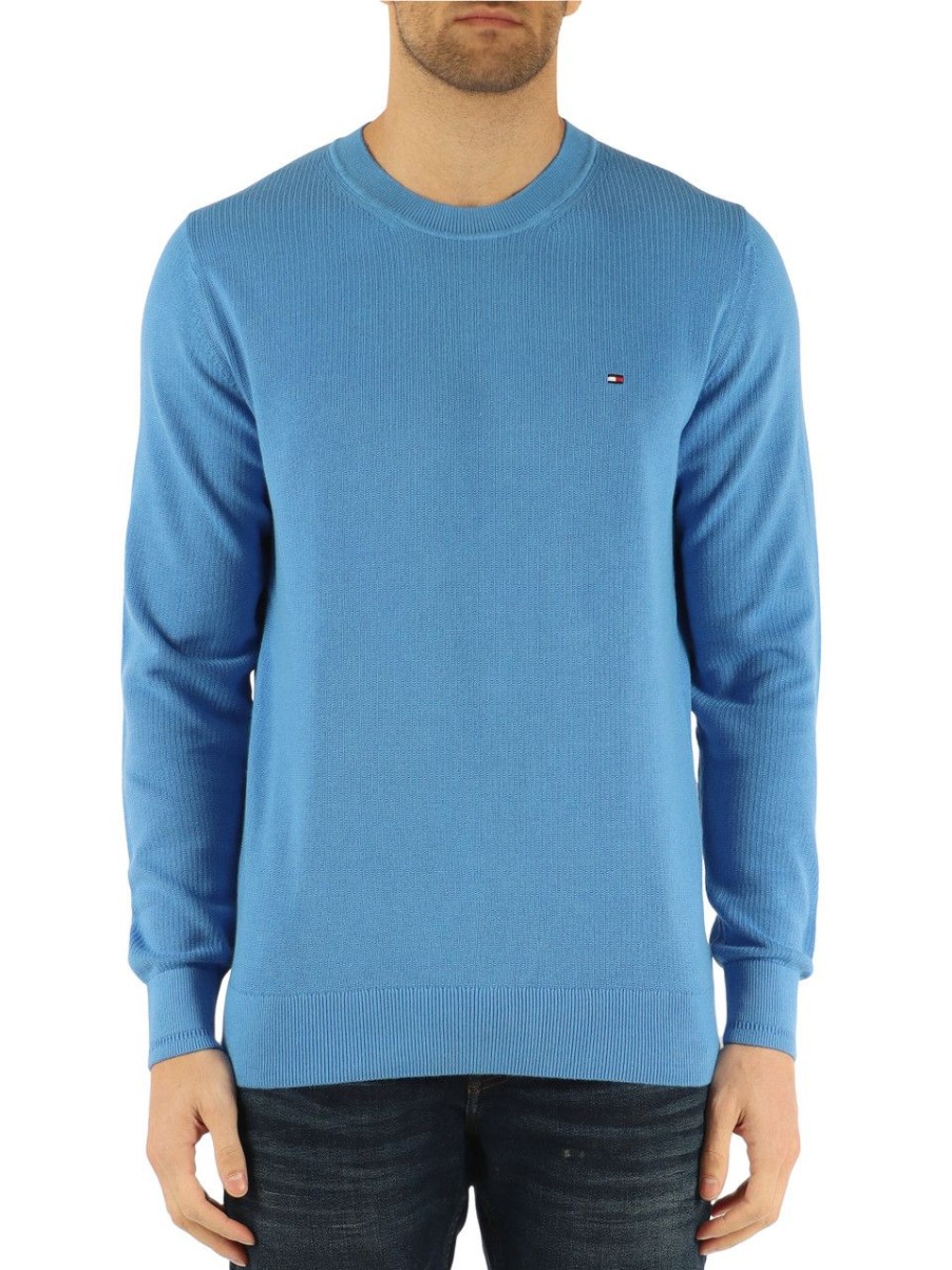 Uomo TOMMY HILFIGER | Maglia Girocollo In Cotone Con Ricamo Logo Azzurro